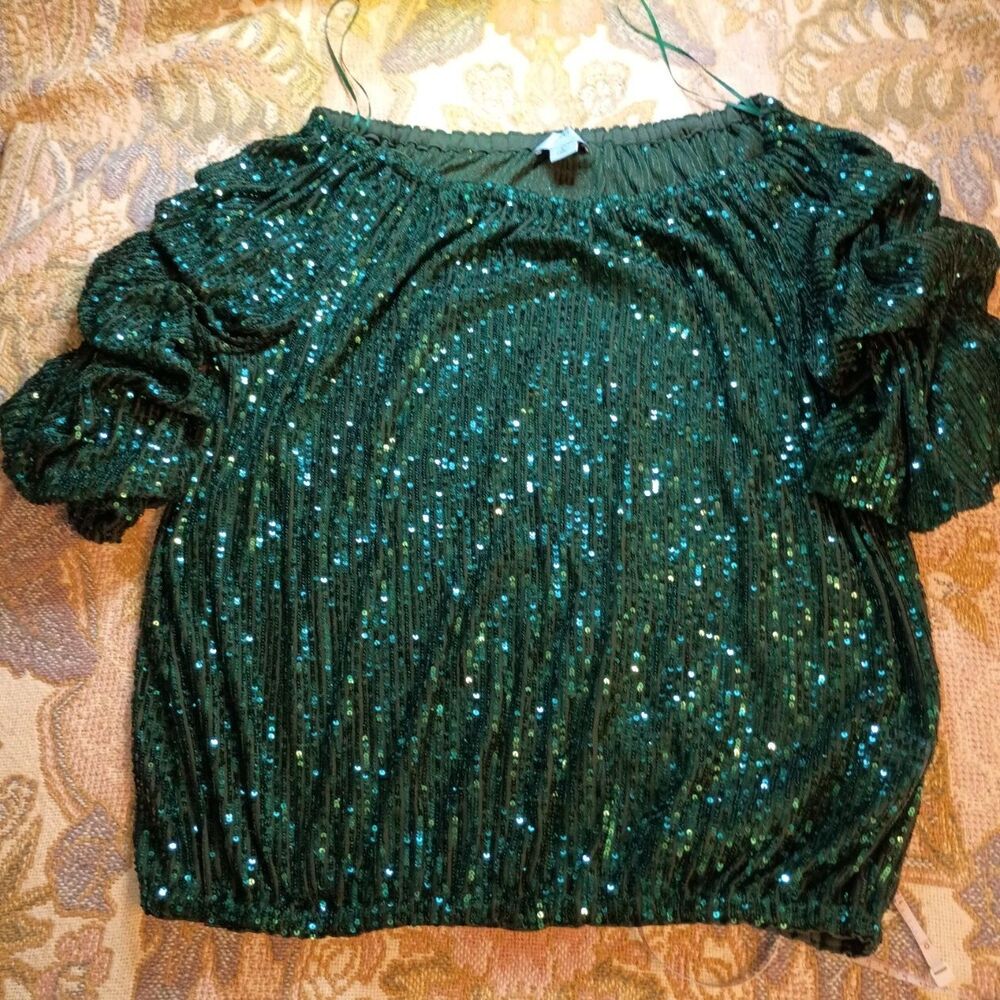 CeCe L Large Green Sequin Off Shoulder Ruffle Blouse Top NWT